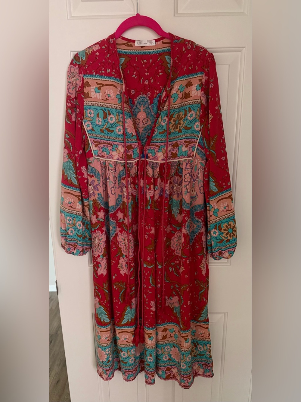 Red Floral Boho Maxi Dress with Turquoise Accents